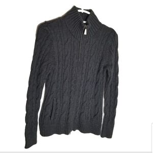 Eddie Bauer Sweater Womens Medium Full Zip Fisherman Cable Knit Cotton Wool Gray